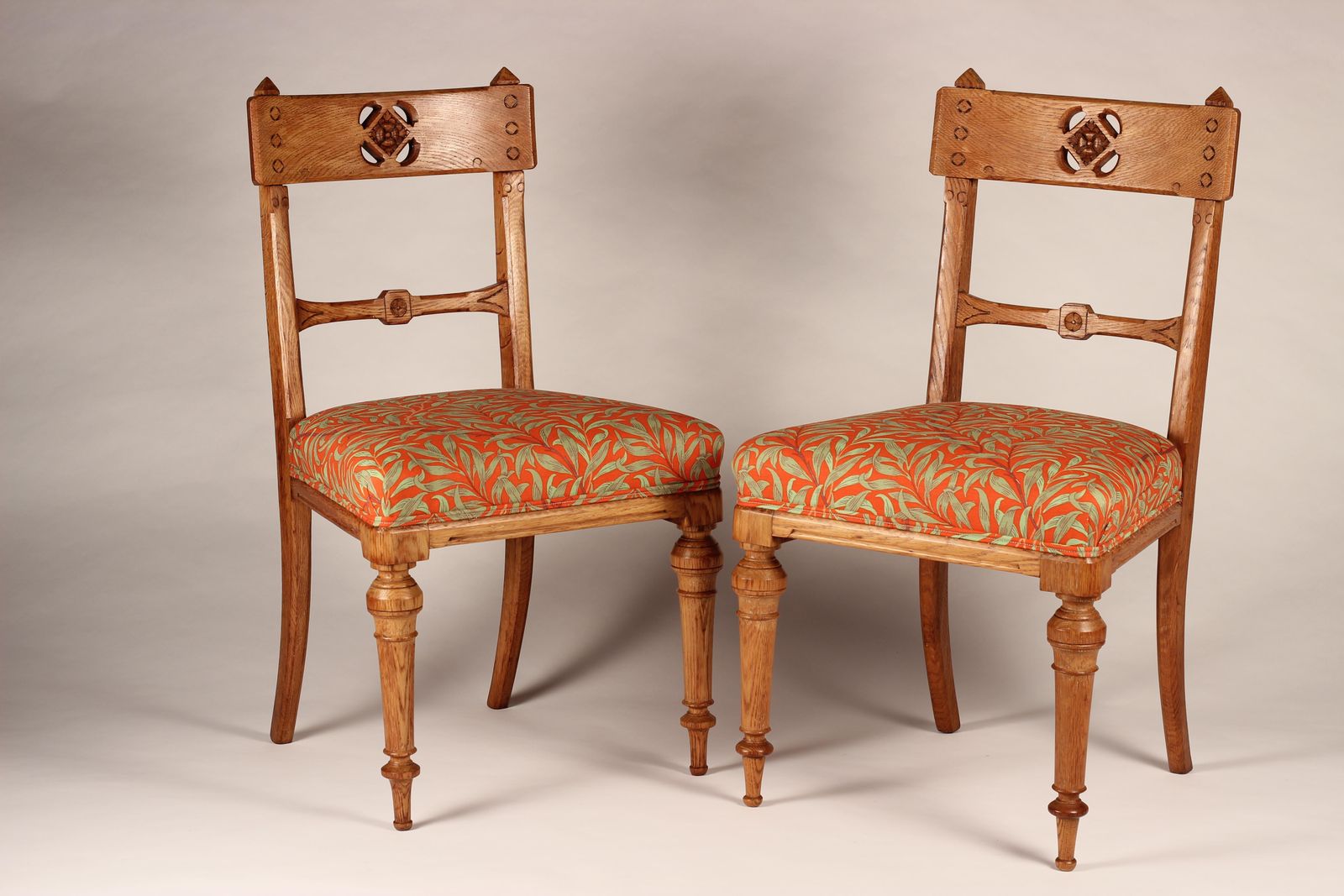 Pair Of Arts & Crafts Oak Back Pierced Hall Chairs With Fabric By Morris & Co photo furniture