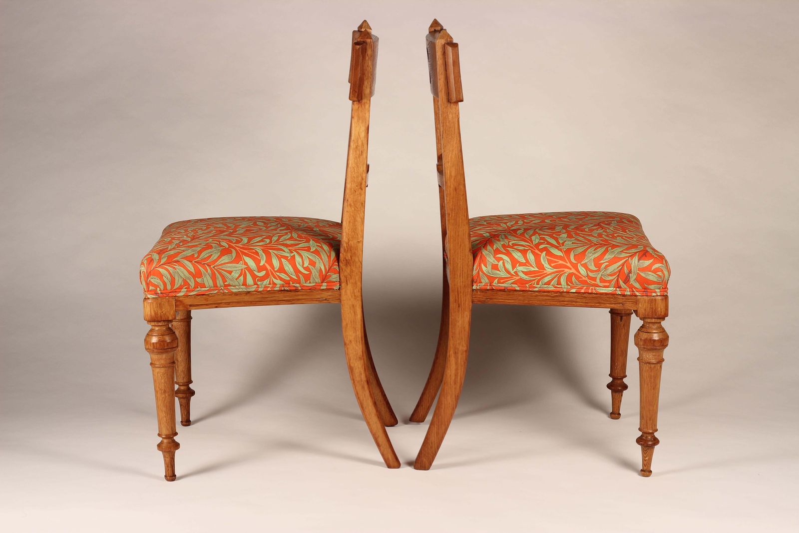 Pair Of Arts & Crafts Oak Back Pierced Hall Chairs With Fabric By Morris & Co photo for sale