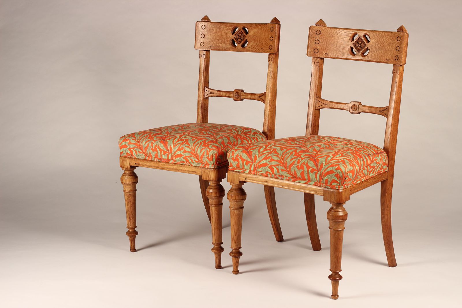 Pair Of Arts & Crafts Oak Back Pierced Hall Chairs With Fabric By Morris & Co photo Furniture