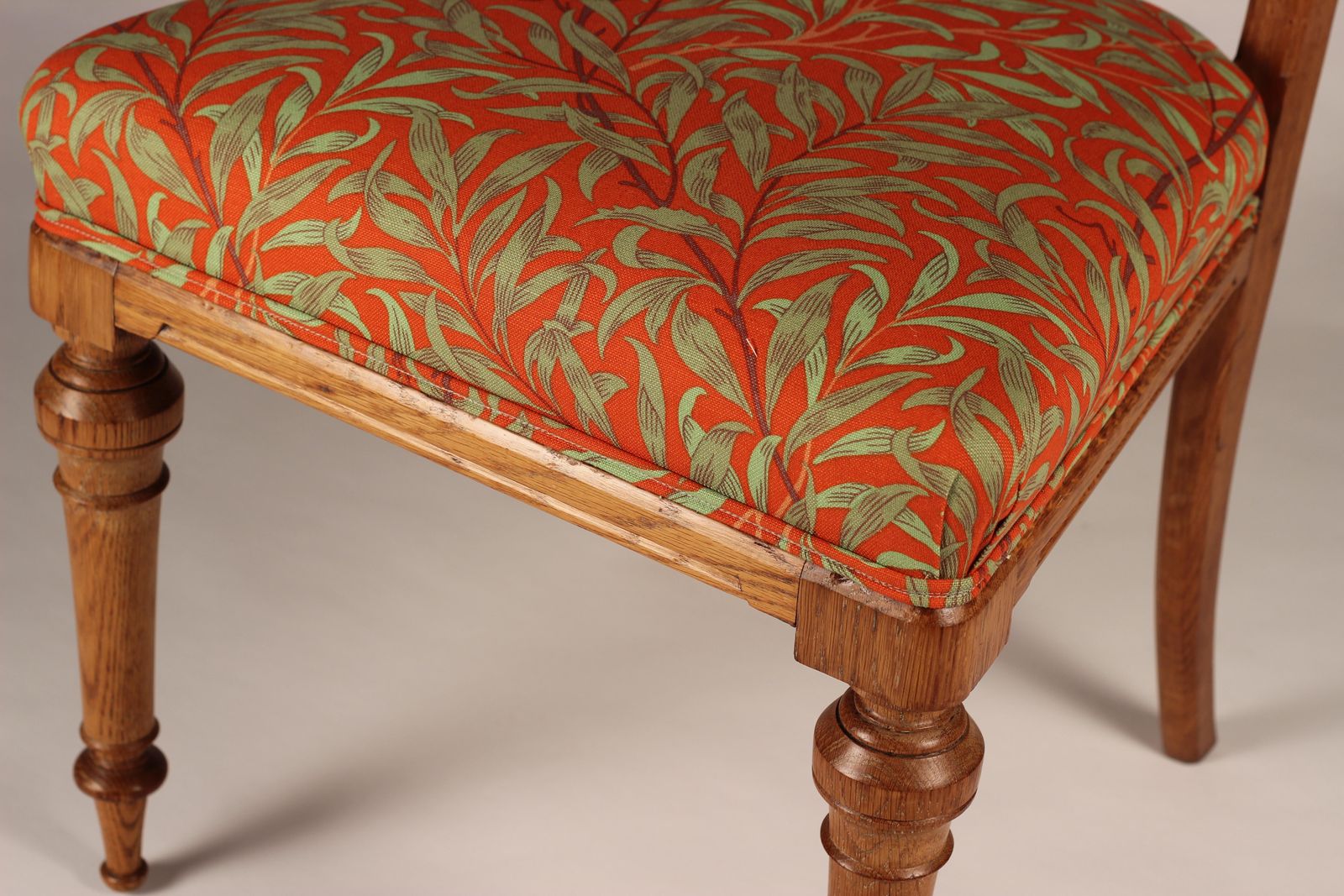 Furniture Pair Of Arts & Crafts Oak Back Pierced Hall Chairs With Fabric By Morris & Co photo