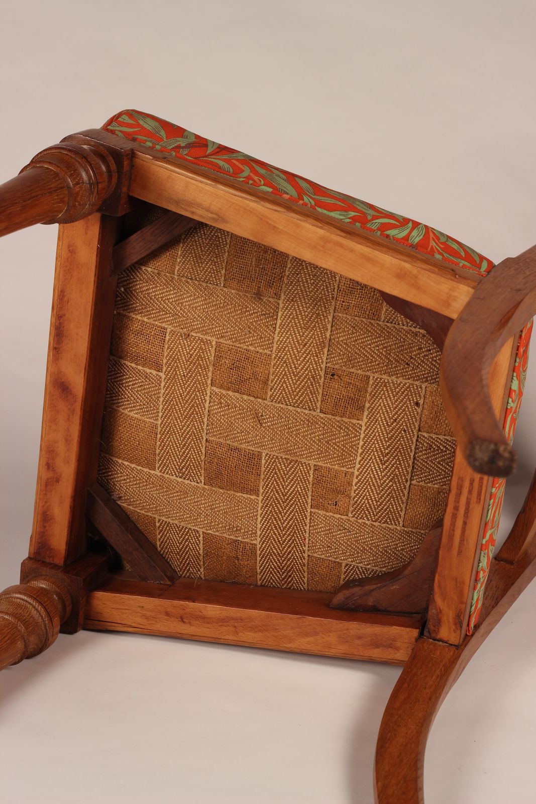 1825.0 Pair Of Arts & Crafts Oak Back Pierced Hall Chairs With Fabric By Morris & Co photo