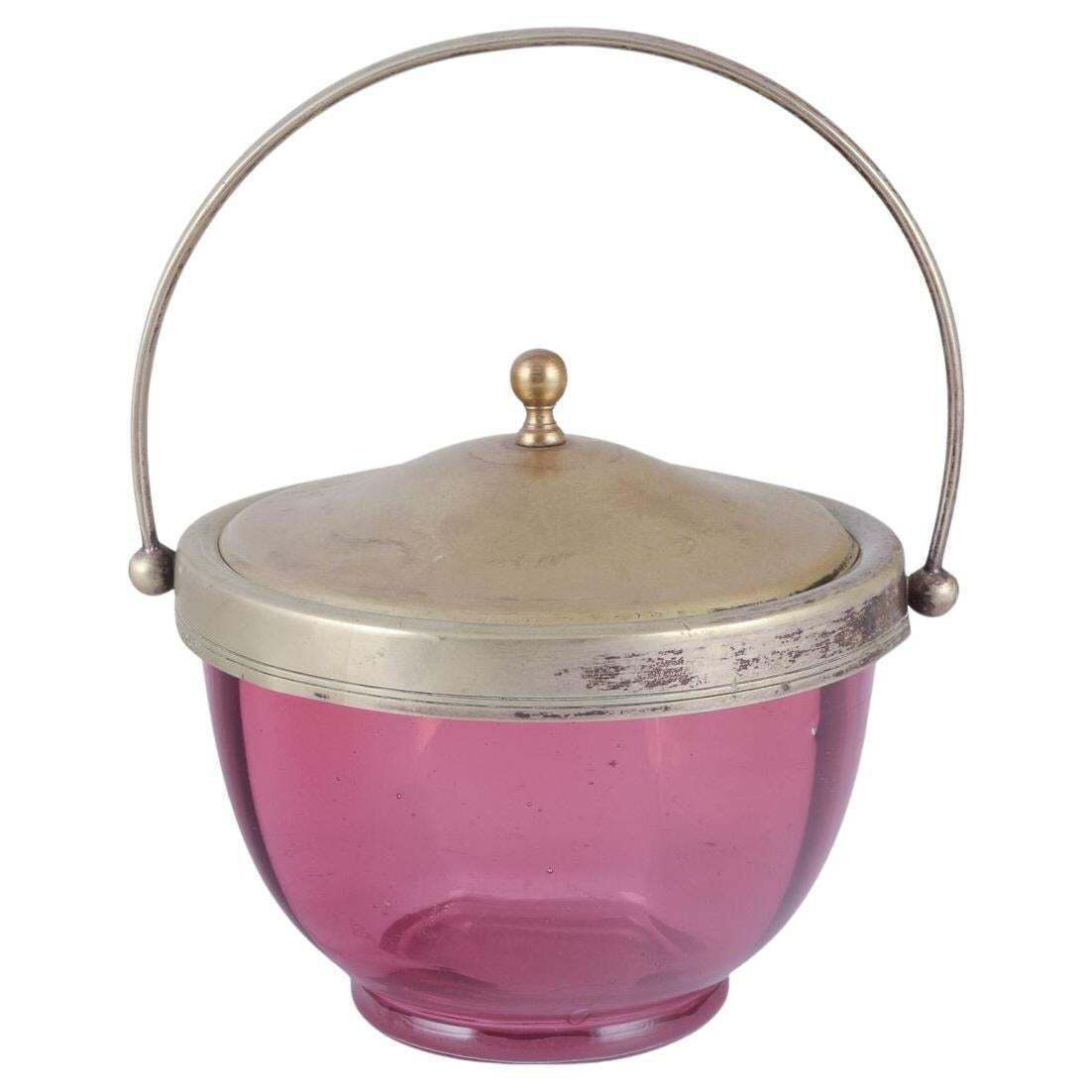 Danish Bonbonniere In Purple Art Glass With A Lid In Silver Plated Metal.