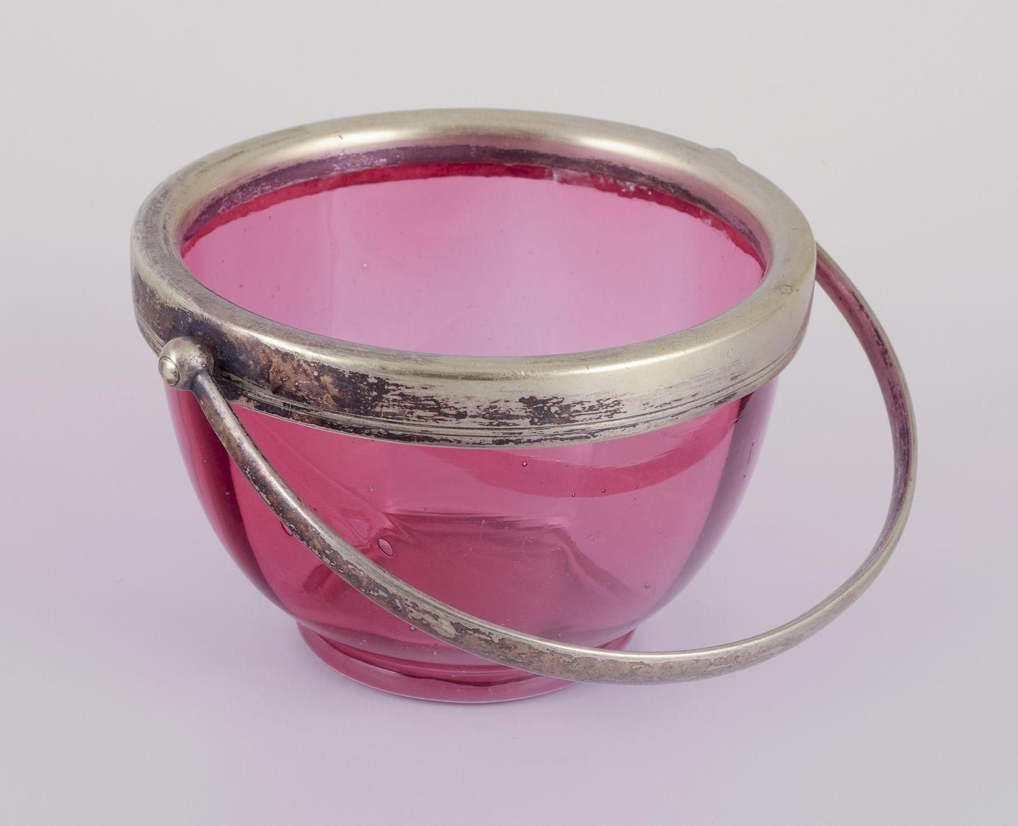 Danish Bonbonniere In Purple Art Glass With A Lid In Silver Plated Metal. photo for sale