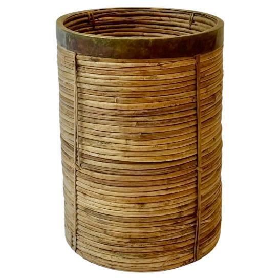 Xlarge Rattan & Brass Basket Or Planter Ca. 1970s