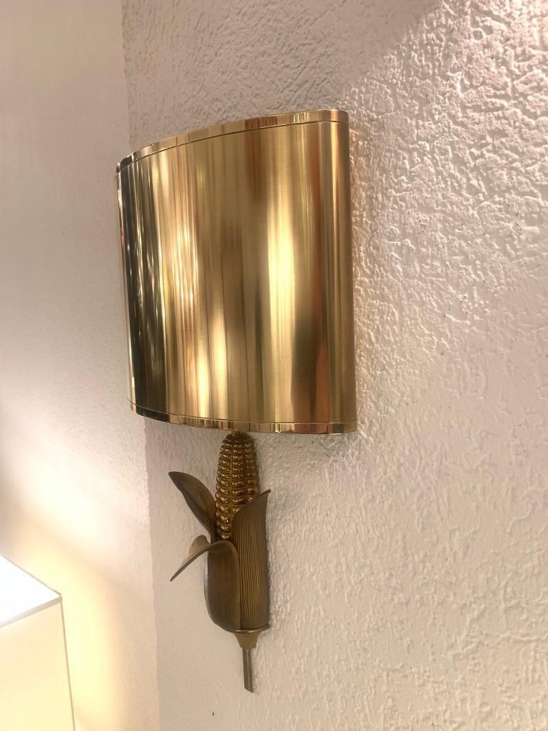 photo furniture Signed Maison Charles Pair Of Bronze & Brass "Corn" Wall Lamps, France, 1970s