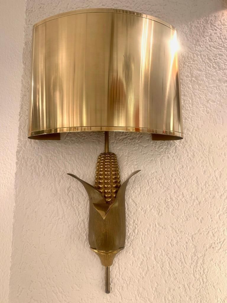 photo for sale Signed Maison Charles Pair Of Bronze & Brass "Corn" Wall Lamps, France, 1970s