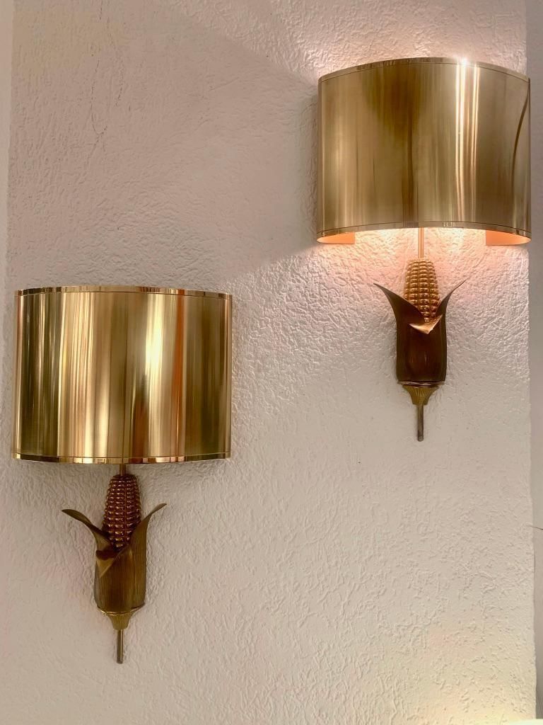 Lighting Signed Maison Charles Pair Of Bronze & Brass "Corn" Wall Lamps, France, 1970s photo