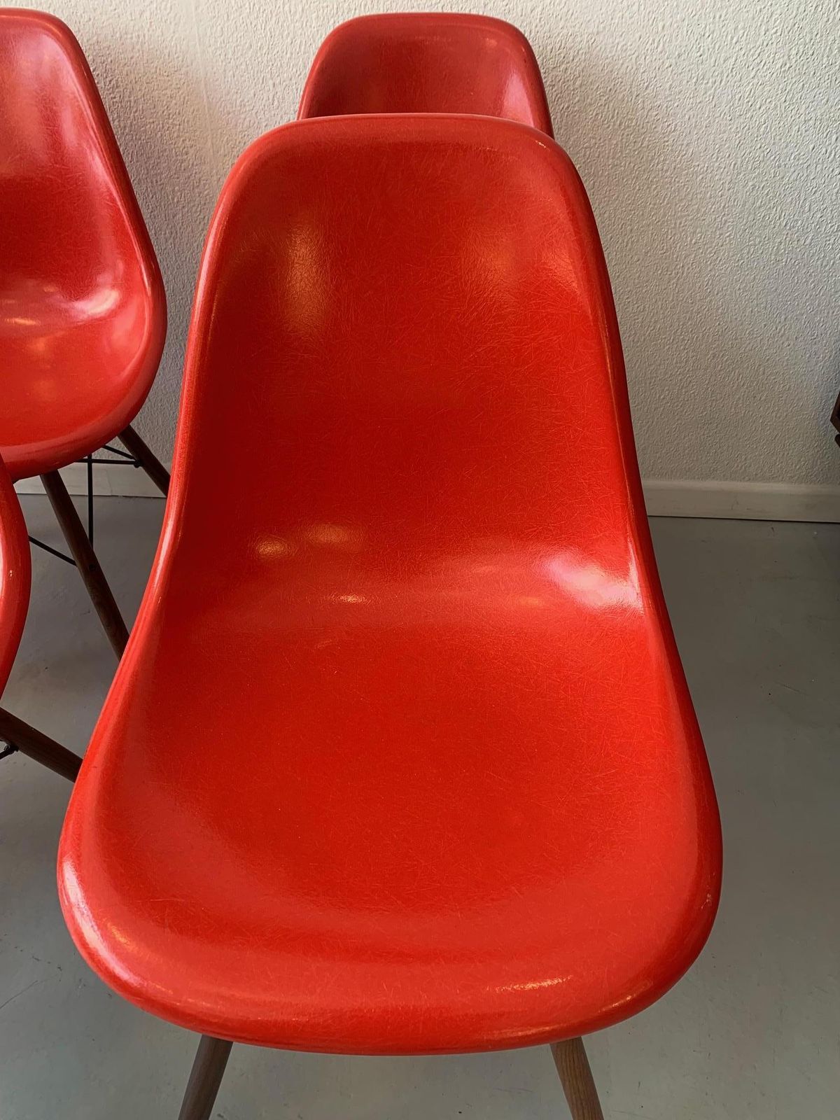 Vintage Set Of 6 Cherry Red Fiberglass Dowel Chairs By Charles & Ray Eames photo for sale