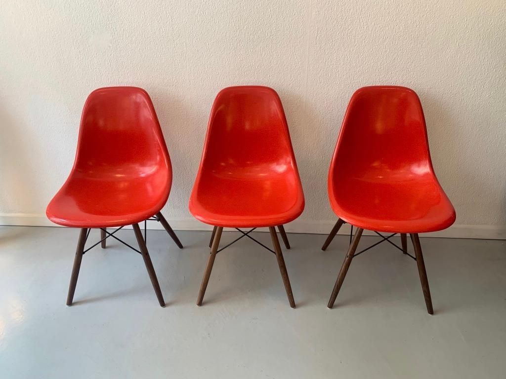 Vintage Set Of 6 Cherry Red Fiberglass Dowel Chairs By Charles & Ray Eames photo Furniture