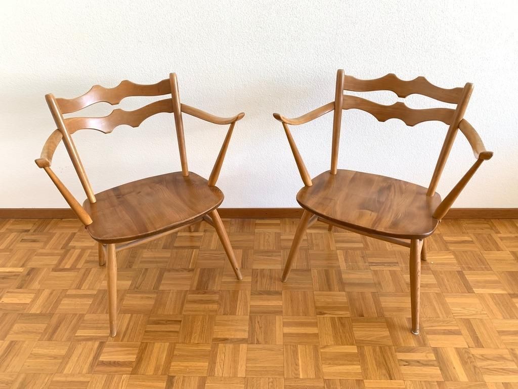 Elegant Pair Of Elm And Beech Easy Chairs By Ercol, Uk, 1950s. Model 493. photo for sale