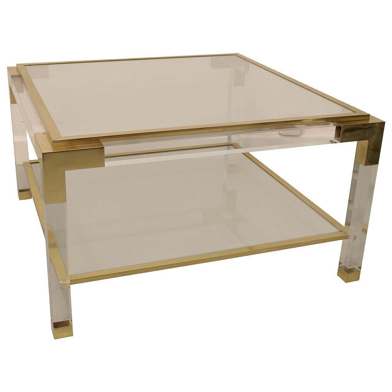 1970 Mid Century Lucite Brass Glass Top Coffee Cocktail Table With Bottom Shelf