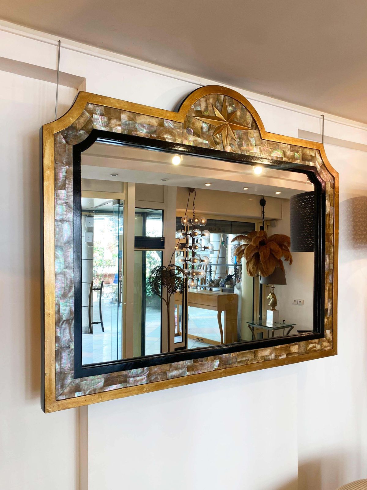 Sublime Mirror Tahitian Mother Of Pearl, Gilded Wood And Glass 1940 photo for sale