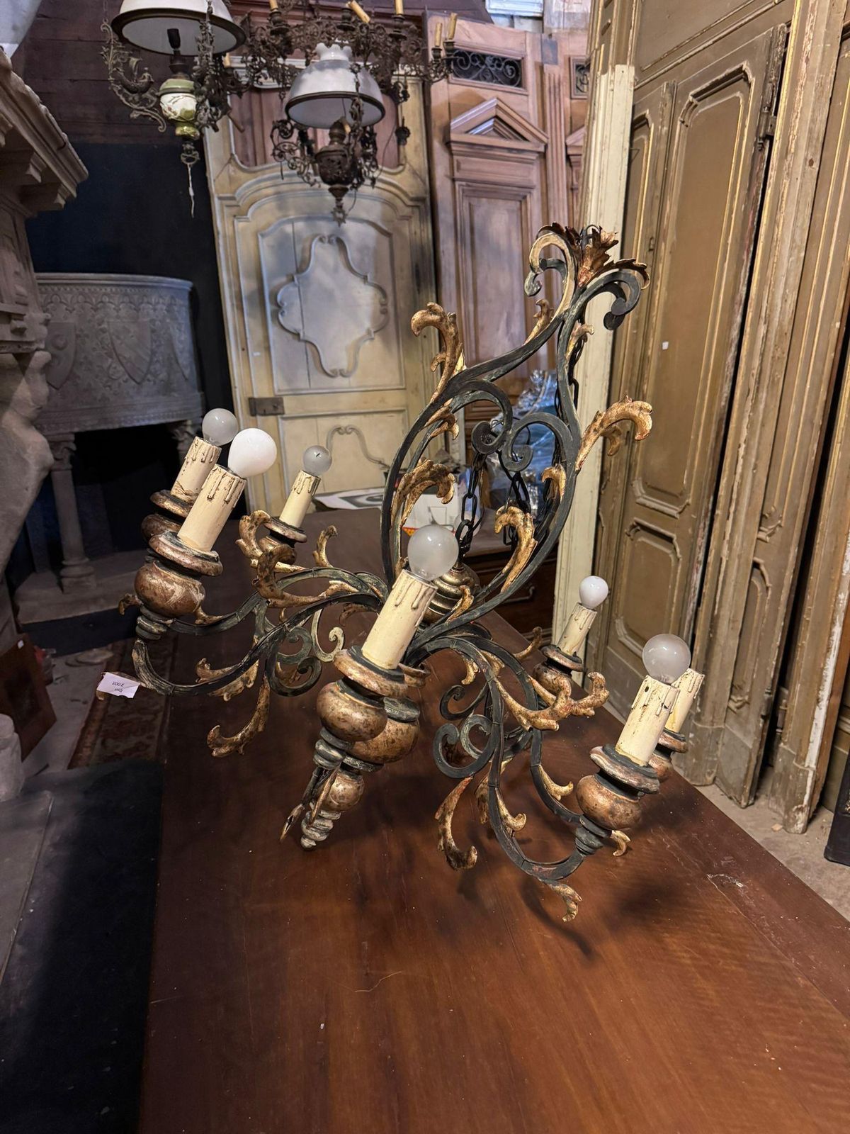 Ceiling Chandelier In Sheet Metal And Gilded Wood, Italy photo vintage