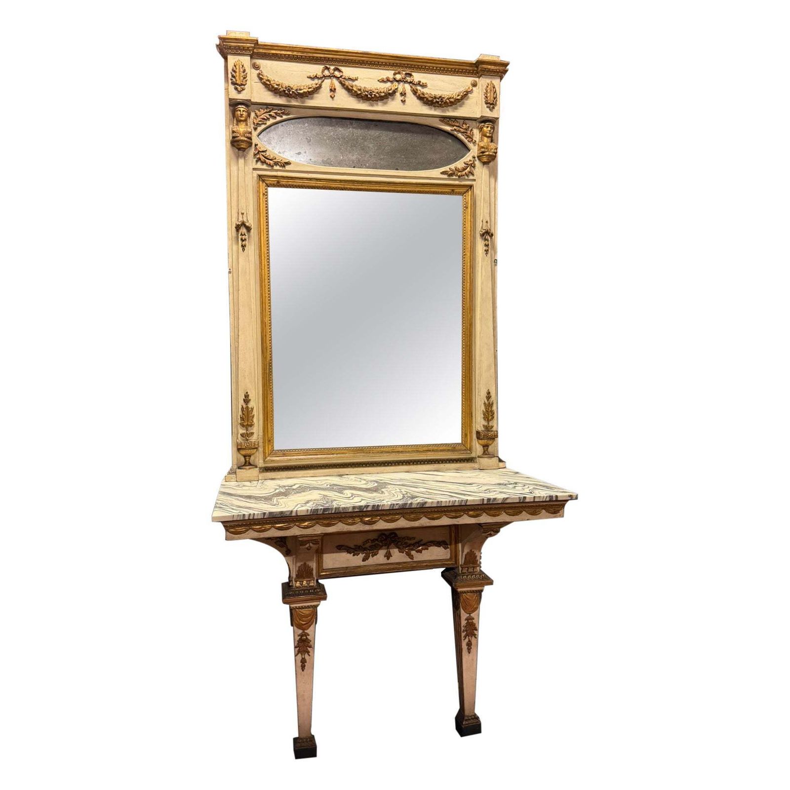 Console Table With Mirror In Neoclassical Style, Lacquered And Gilded, Italy