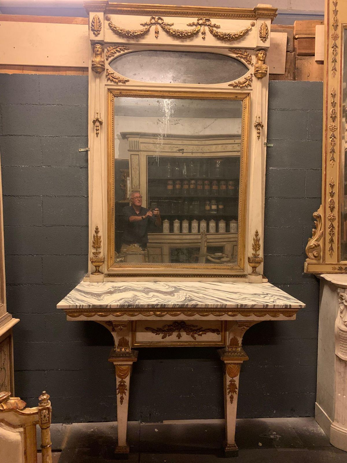 Console Table With Mirror In Neoclassical Style, Lacquered And Gilded, Italy photo vinterior