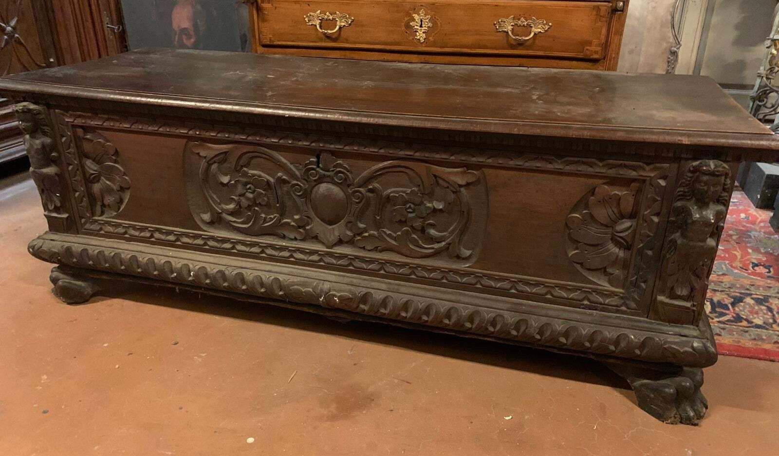 879 / 5.000 Elegant And Imposing Carved Chest, Made Of Solid Dark Walnut, Italy photo for sale