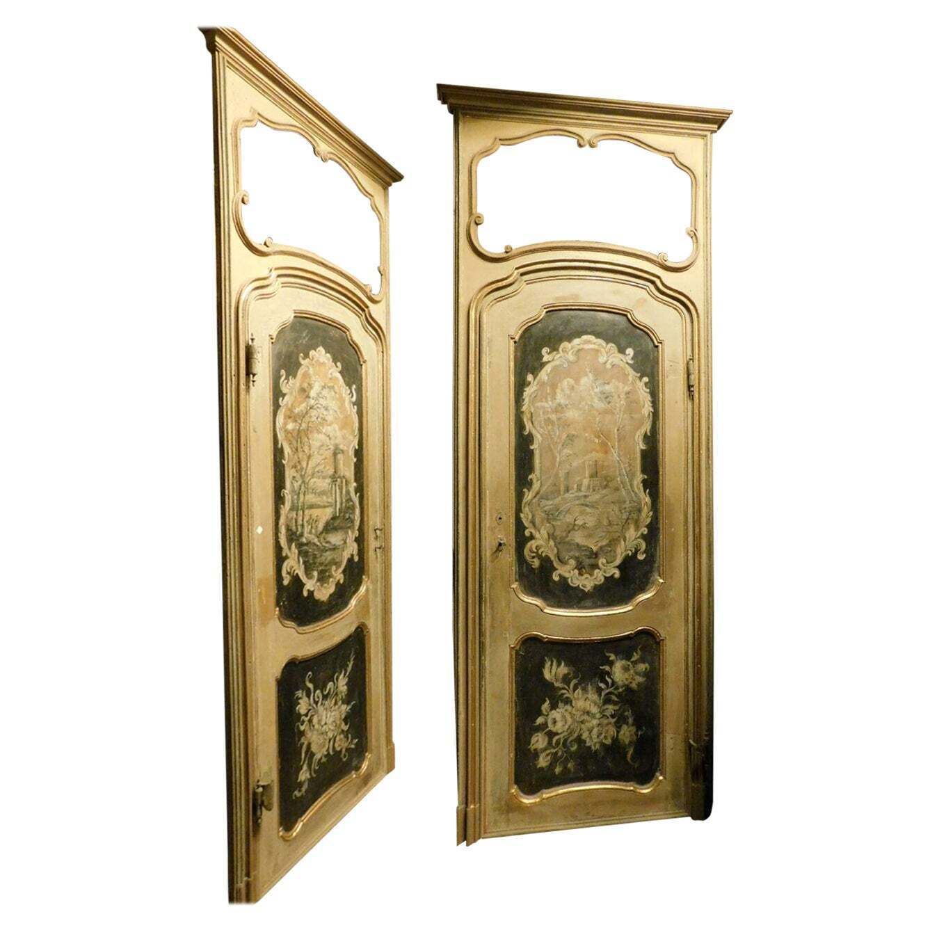 N. 2 Internal Doors In Walnut And Richly Painted With Frame And Overdoor, Italy