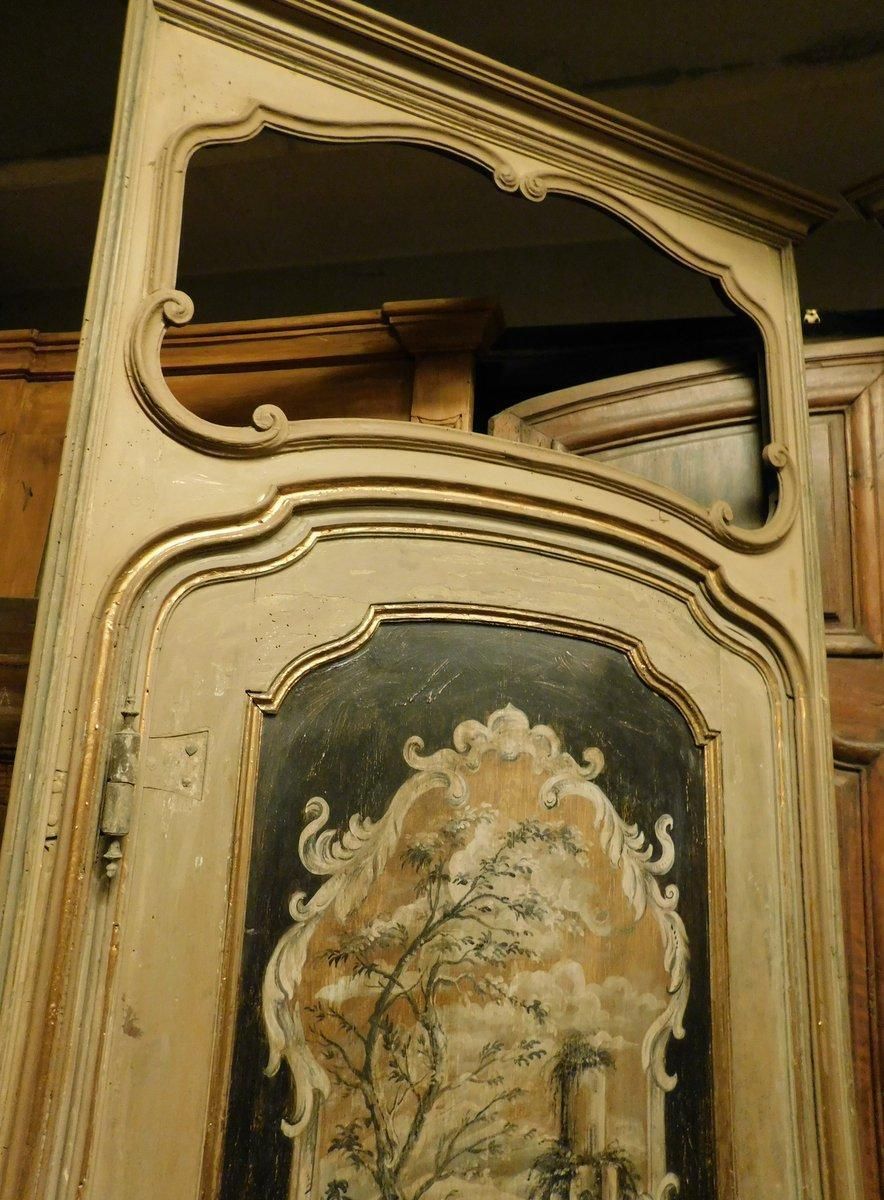 photo furniture N. 2 Internal Doors In Walnut And Richly Painted With Frame And Overdoor, Italy