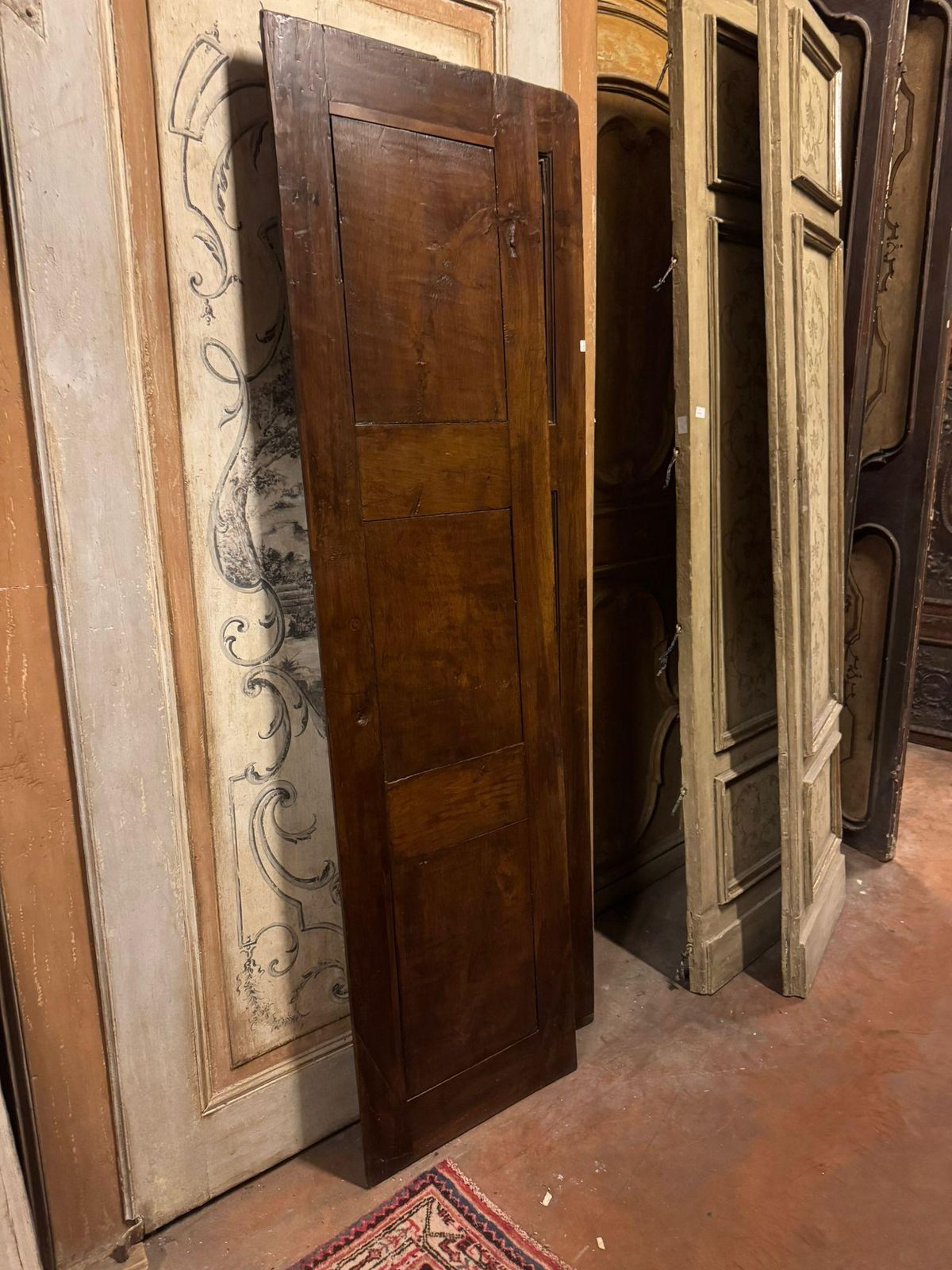 Antique Door In Walnut Wood, Two Leaves With Carved Panels, Italy photo Home Fixtures