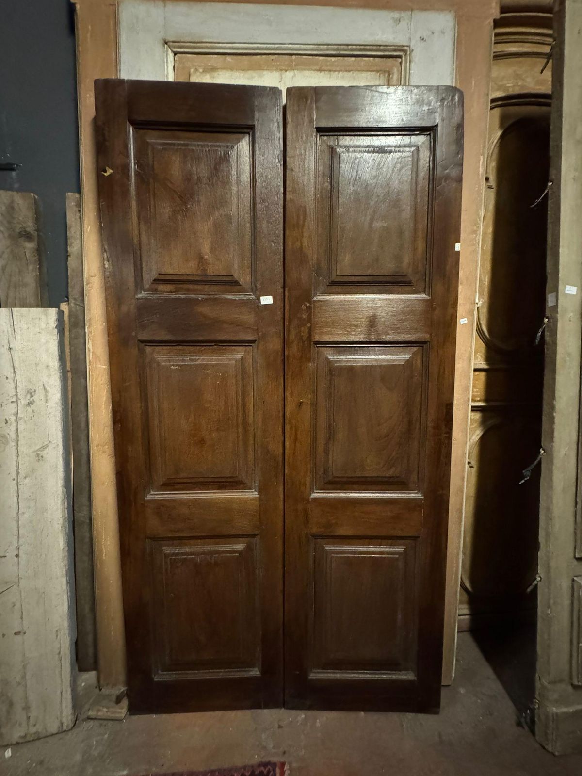 Antique Door In Walnut Wood, Two Leaves With Carved Panels, Italy photo buy