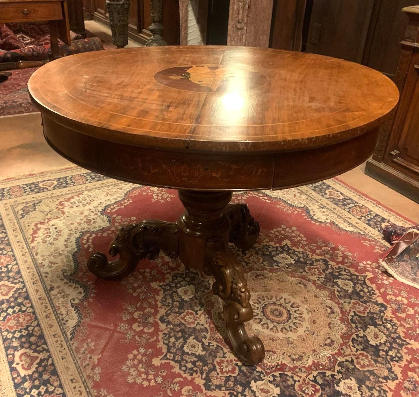 Walnut Living Room Table, Featuring A Round Top With Central Inlay, Italy photo for sale