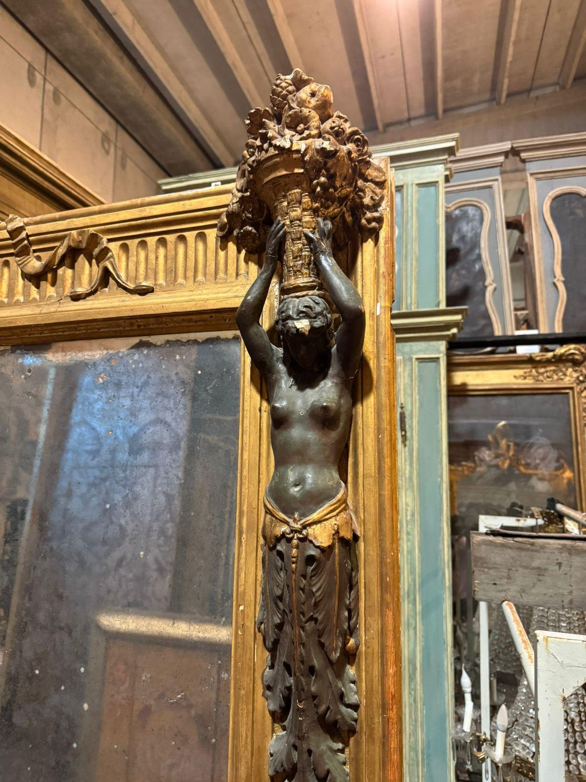 photo furniture Neoclassical Mirror In Richly Carved Wood With Caryatids And Gilded, Italy