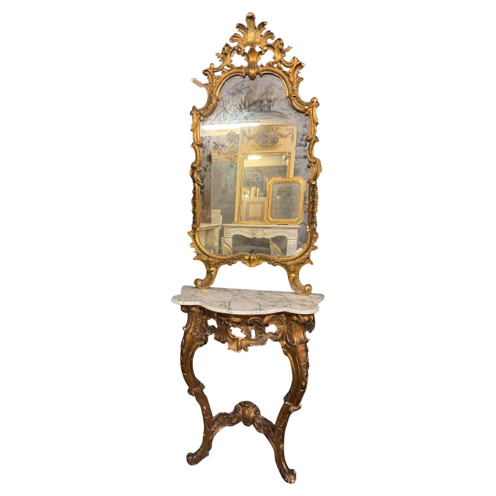Console With Mirror In Carved And Gilded Wood And Base Table, Italy