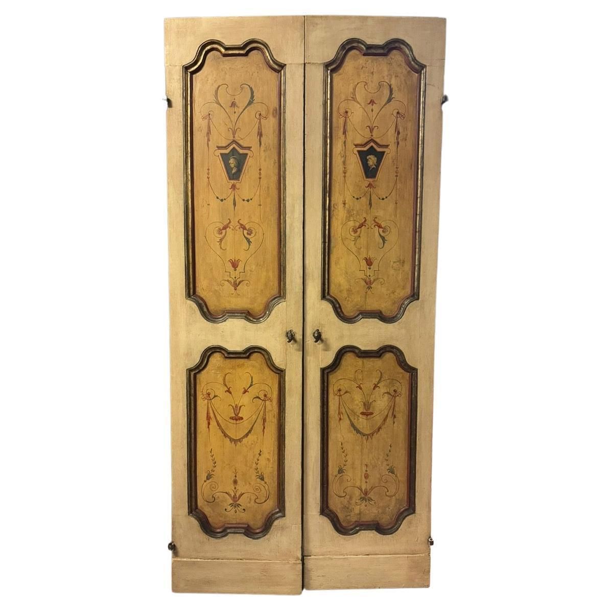 Double Door In Lacquered And Painted Wood, Golden Moldings, Italy