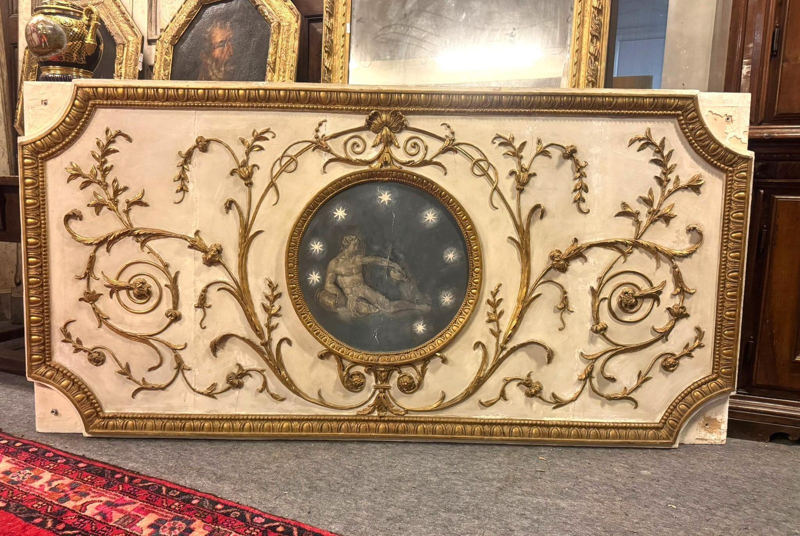 Wood And Plaster Panel, Lacquered Floral And Leafy Decorations, Italy photo for sale