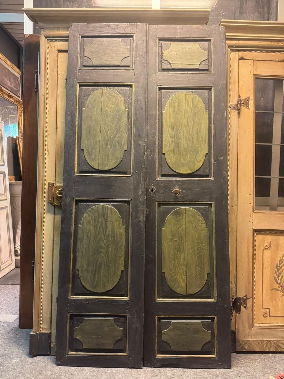 Lacquered Wooden Door, Two Leaves, Panels Carved With Geometric Figures, Italy photo furniture