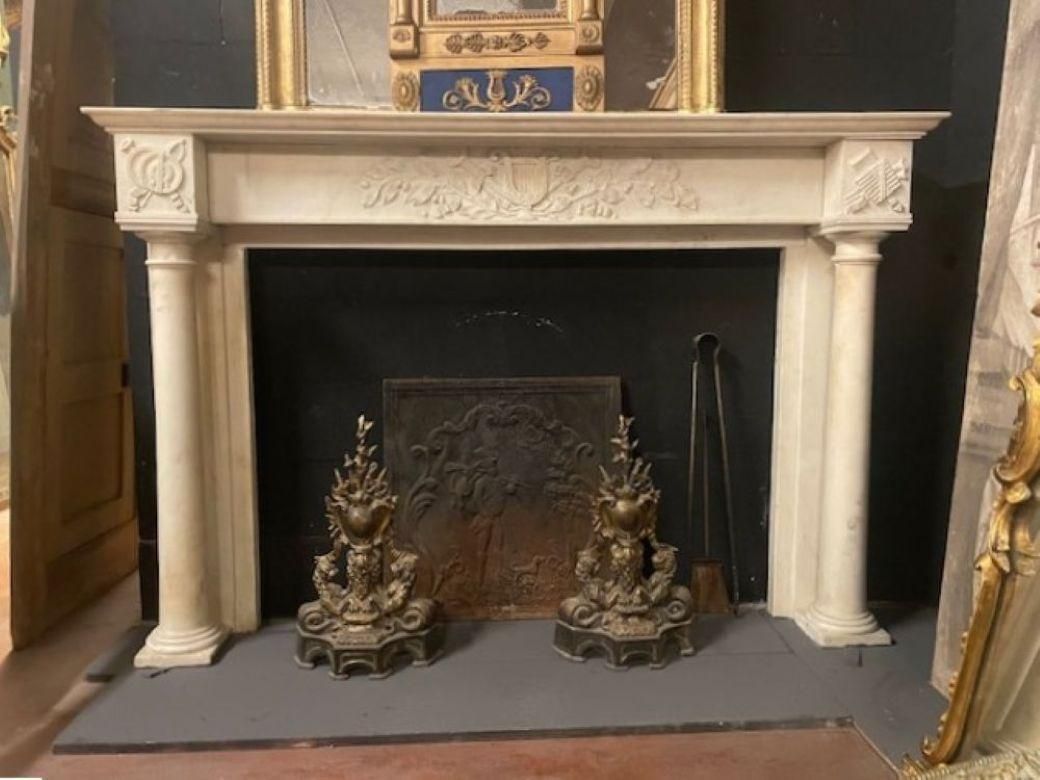 Empire Mantle Fireplace Carved In White Carrara Marble, France photo vintage