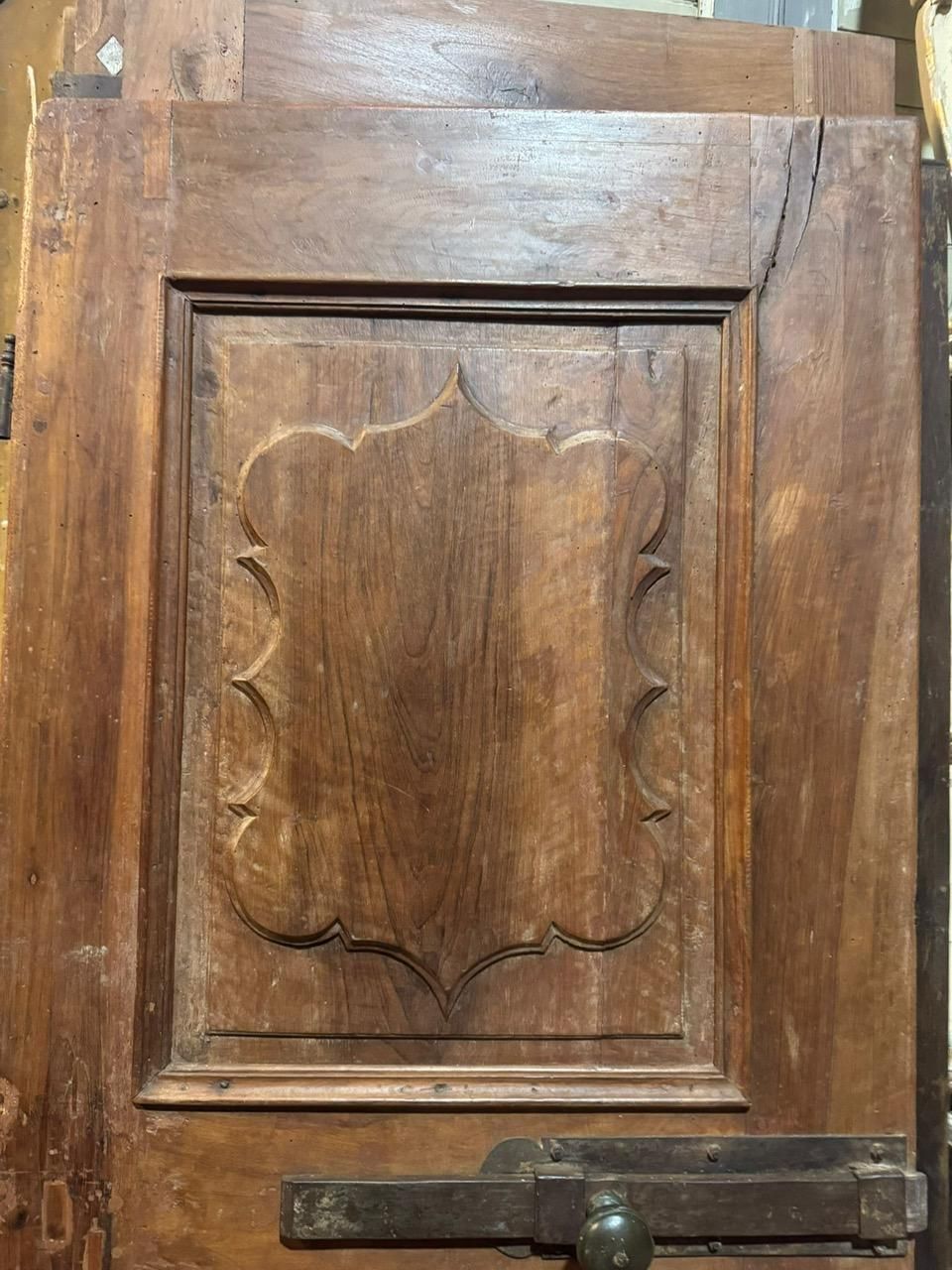 Interior Door In Walnut Wood, One Leaf With Carved Wavy Panels, Italy photo vinterior