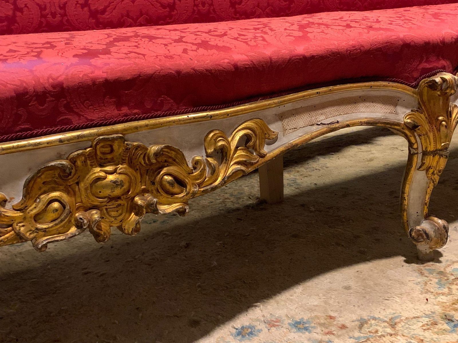 Pair Of Lacquered Gilded Carved Sofas, Upholstered In Red Brocade, Italy photo vintage