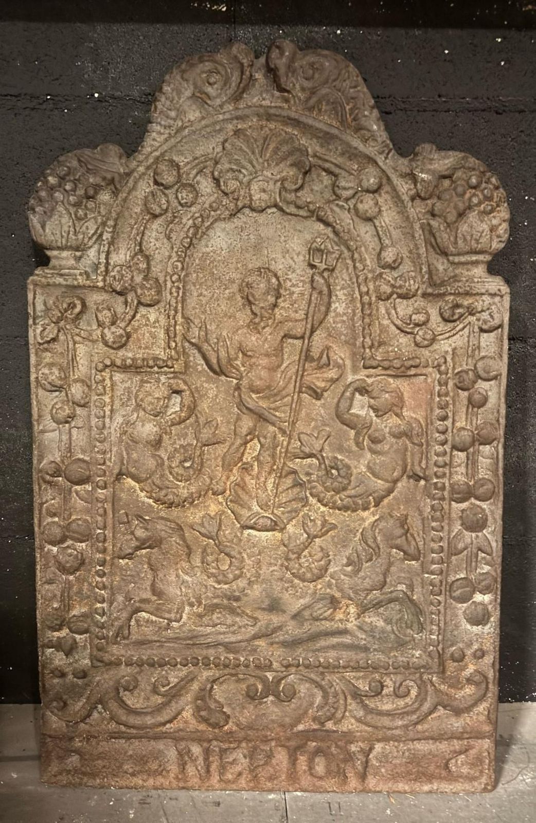 Cast Iron Fireplace Bottom Plate, With Sculpted Mythological Figures, Italy photo furniture