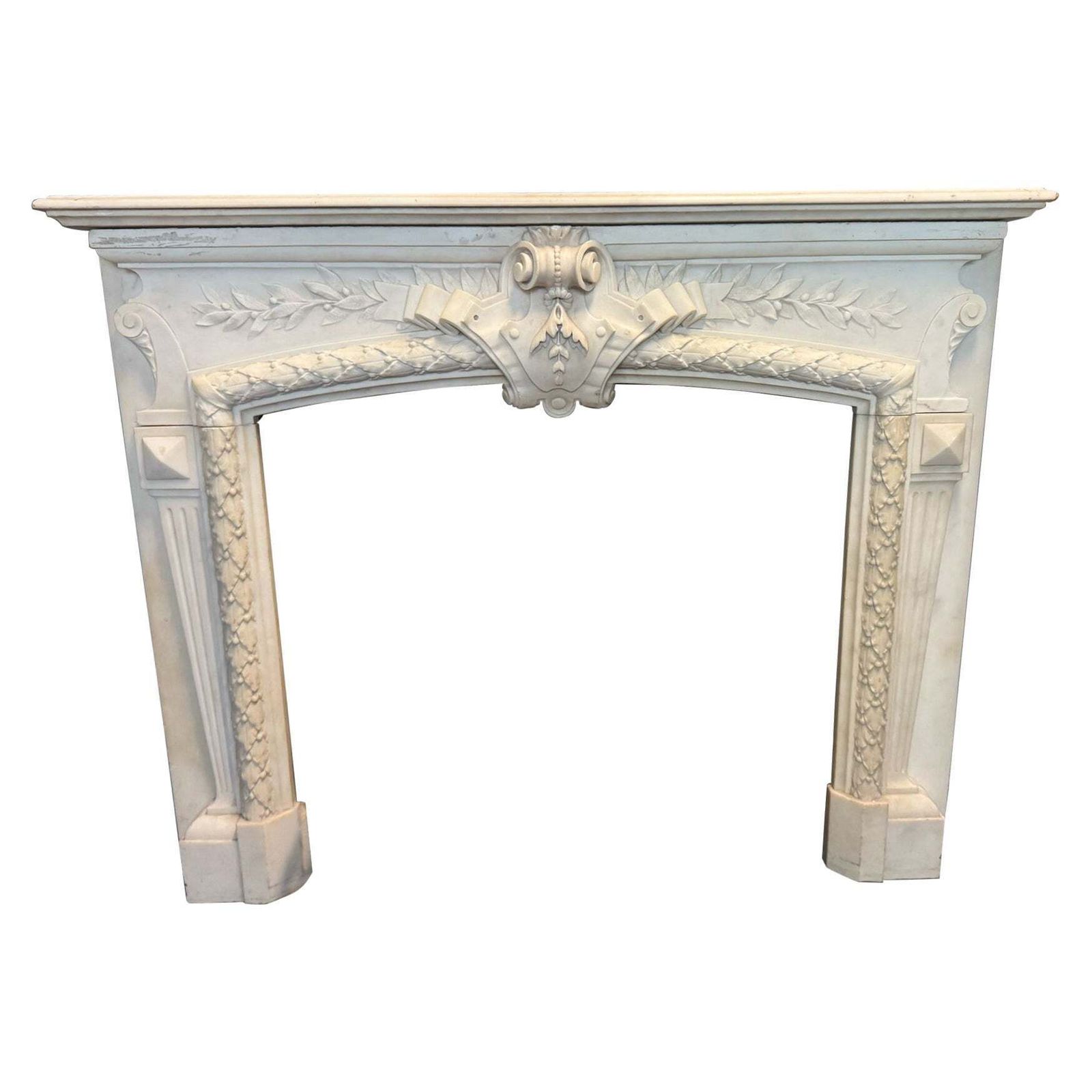 Important Mantle Fireplace In White Carrara Marble, Richly Carved, Italy