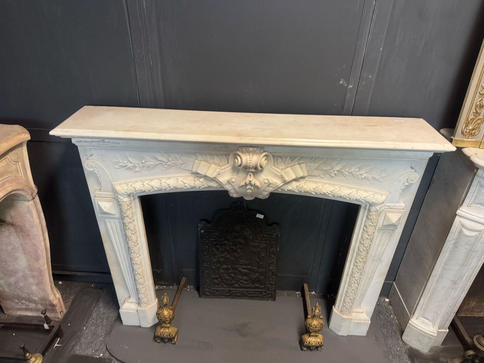 Important Mantle Fireplace In White Carrara Marble, Richly Carved, Italy photo for sale
