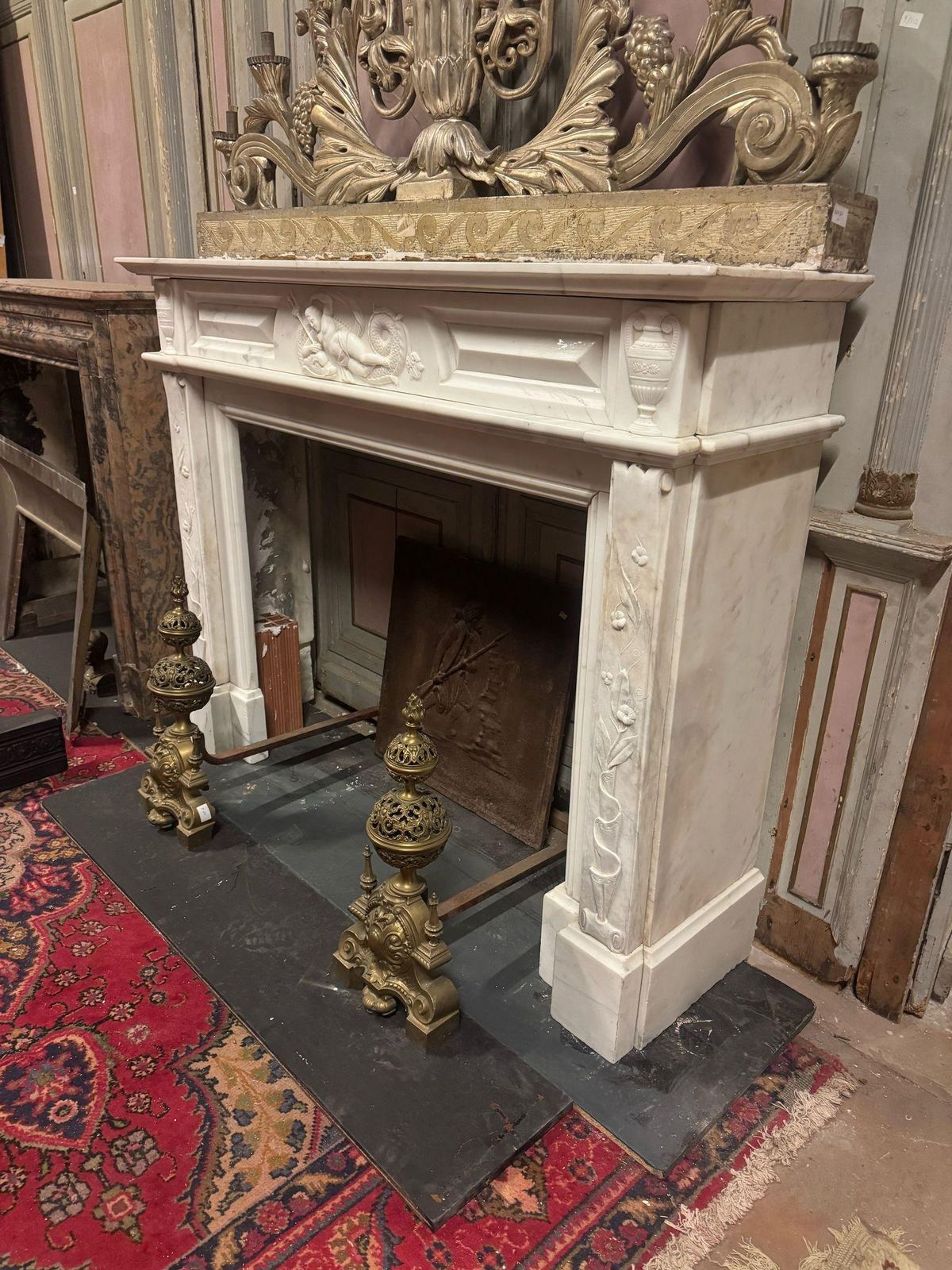 Important Mantle Fireplace In White Carrara Marble Richly Carved, Italy photo vintage