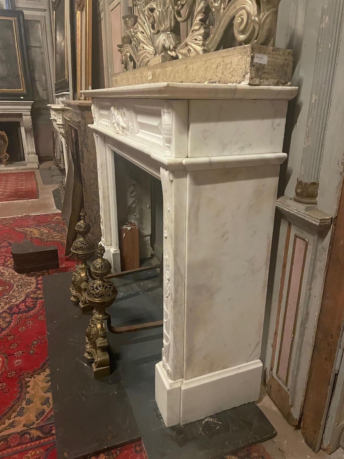 Home Fixtures Important Mantle Fireplace In White Carrara Marble Richly Carved, Italy photo