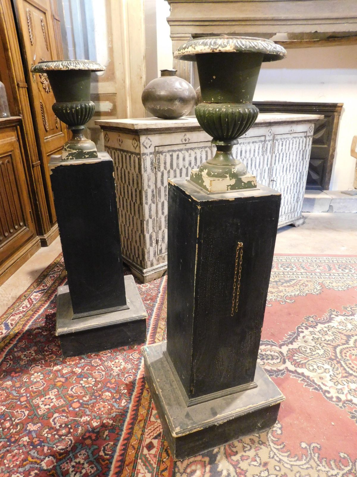 Pair Of Wooden Pillars With Attached Cast Iron Vases, Italy photo Home Decor