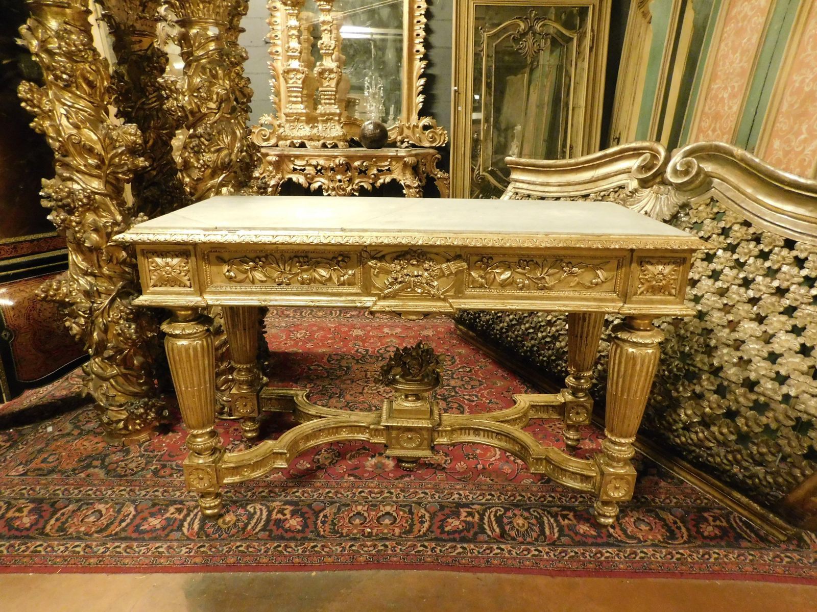 Richly Carved And Gilded Wooden Console Table, White Marble Top, Italy photo furniture