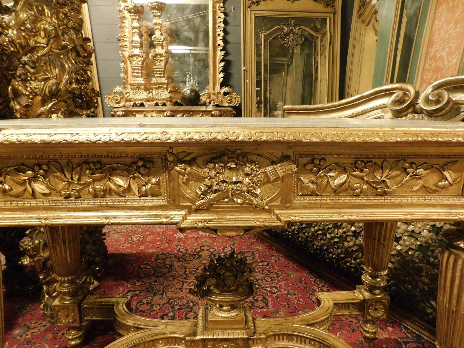 Richly Carved And Gilded Wooden Console Table, White Marble Top, Italy photo buy