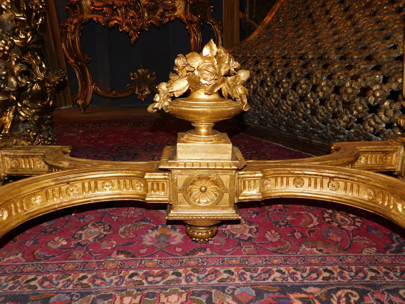 Richly Carved And Gilded Wooden Console Table, White Marble Top, Italy photo vintage