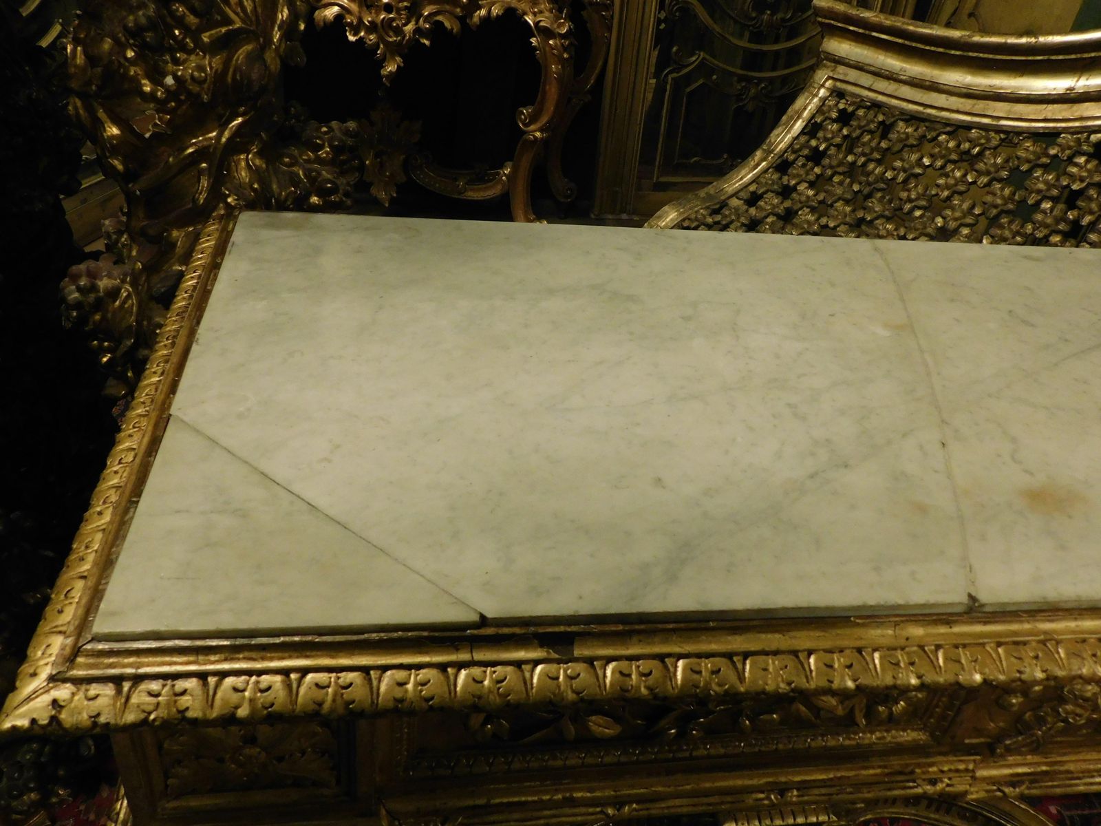 Furniture Richly Carved And Gilded Wooden Console Table, White Marble Top, Italy photo