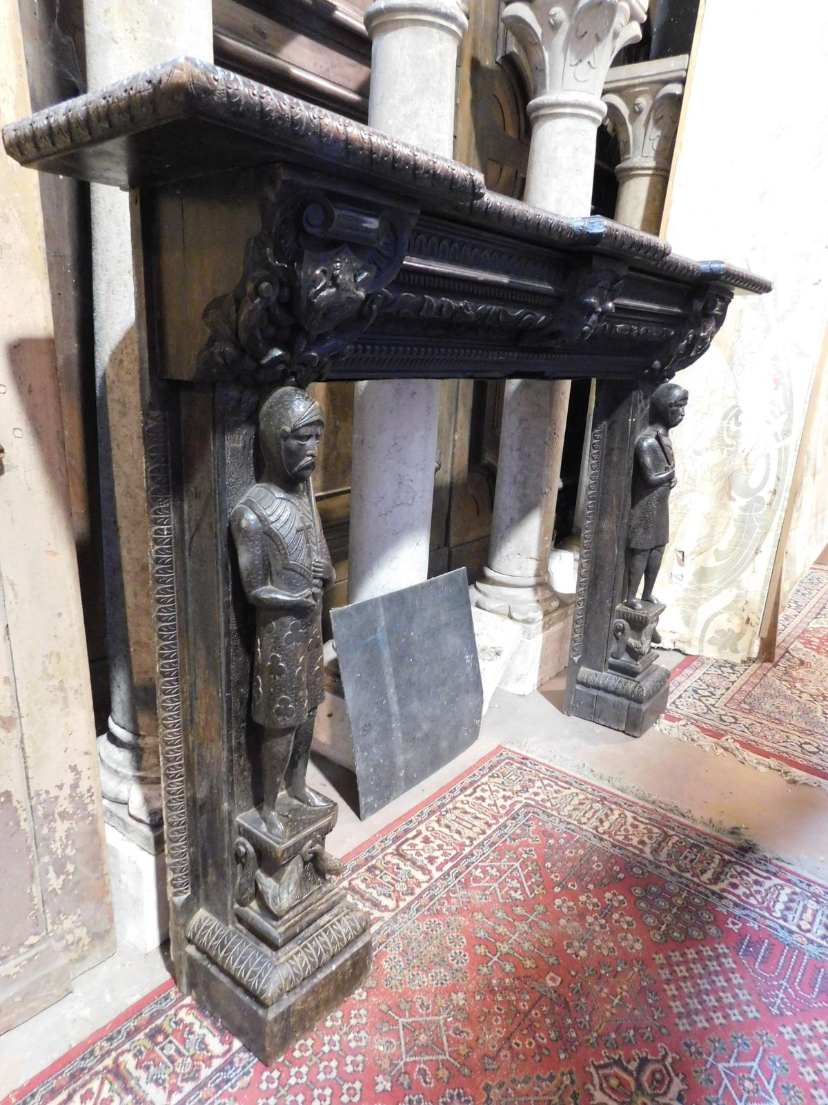 photo for sale Mantle Fireplace In Solid Wood, Carved And Ebonized, Italy