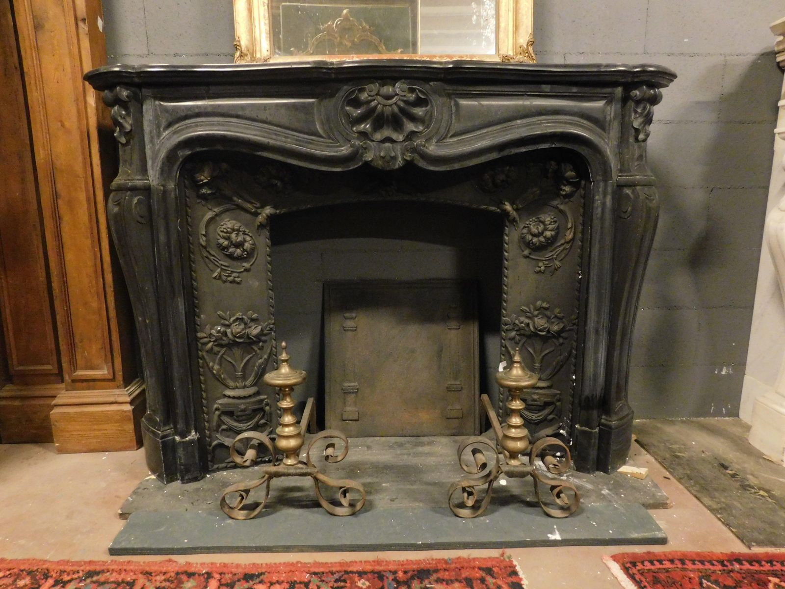 Mantle Fireplace In Black Belgian Marble, Carved With Shells, France photo for sale