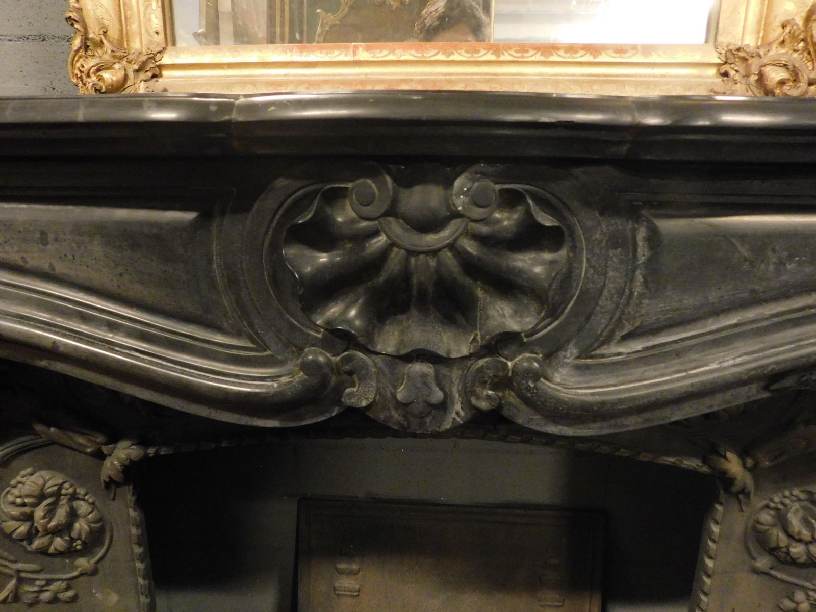 Mantle Fireplace In Black Belgian Marble, Carved With Shells, France photo buy