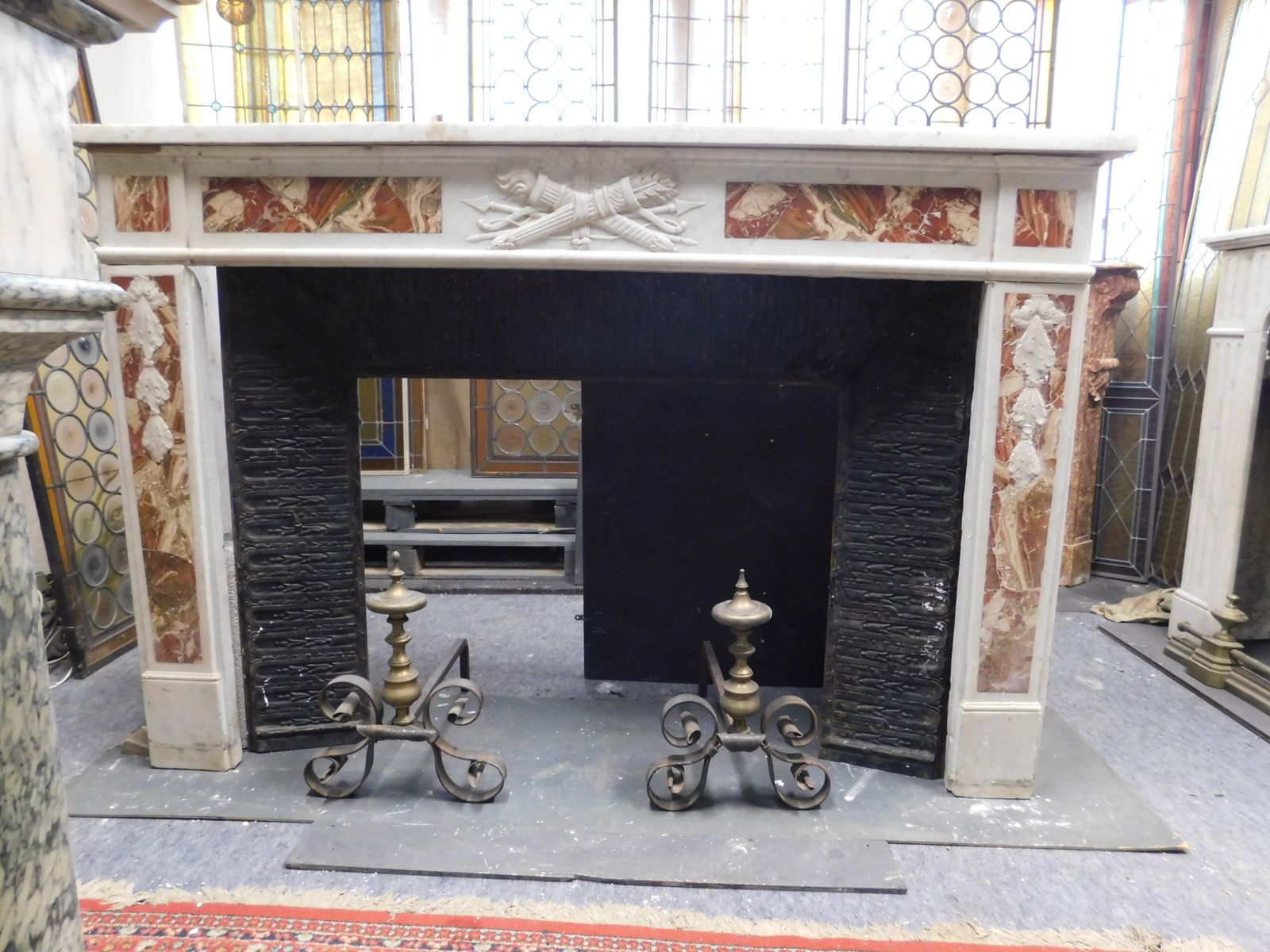 White Carrara Marble Mantle Fireplace With Red Inlays, Louis XVI, France photo for sale