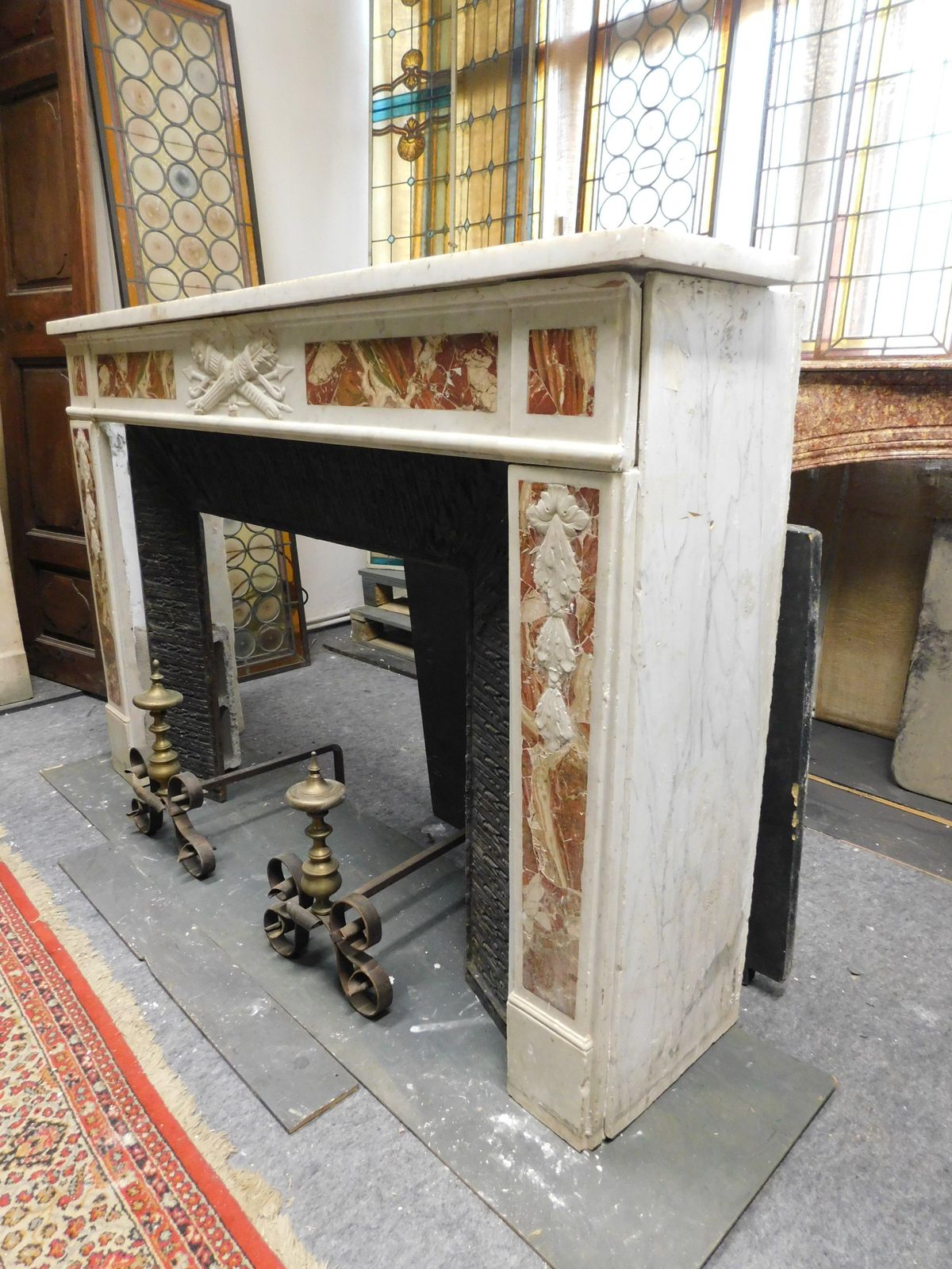 White Carrara Marble Mantle Fireplace With Red Inlays, Louis XVI, France photo vintage