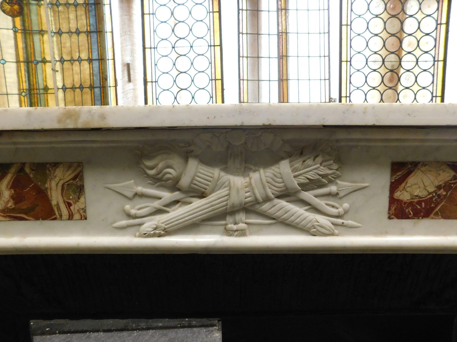 photo furniture White Carrara Marble Mantle Fireplace With Red Inlays, Louis XVI, France