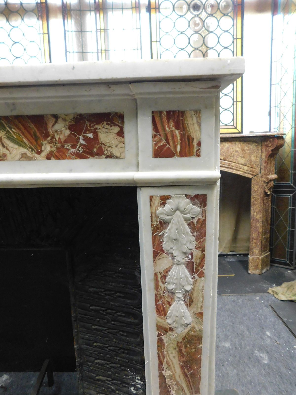 Home Fixtures White Carrara Marble Mantle Fireplace With Red Inlays, Louis XVI, France photo